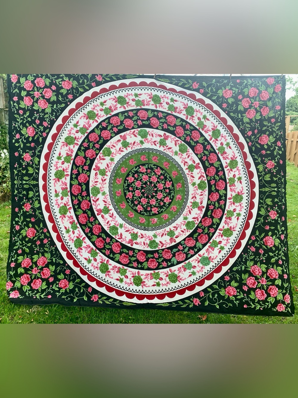 Vintage Red Pink Roses Fabric Tablecloth Bedcover